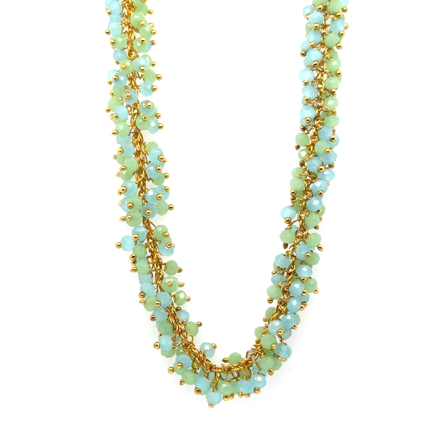 Gold necklace with cloudy blue Aqua Chalcedony and light green Prehnite gemstone beads arranged in dangling clusters