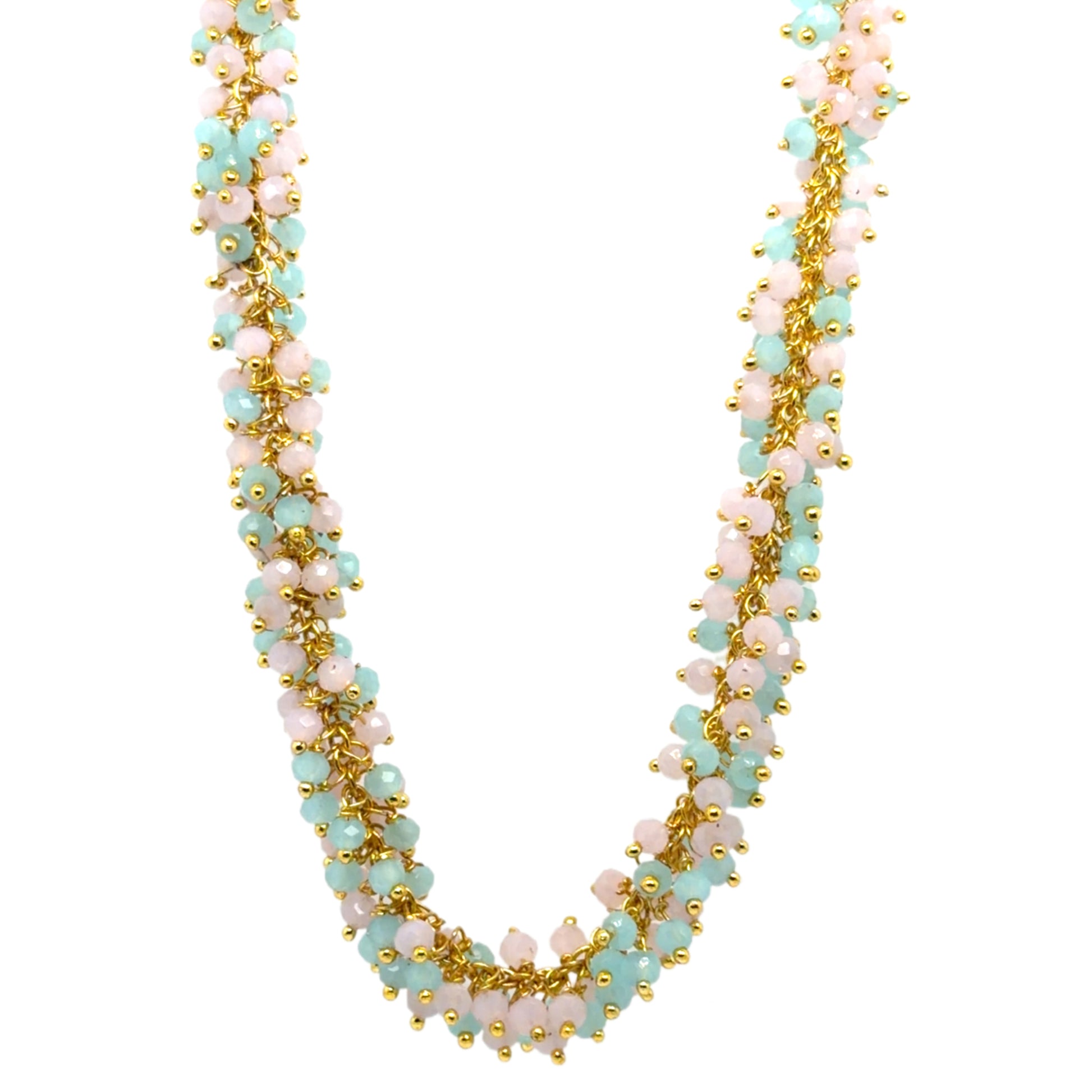 Gold necklace with cloudy blue Aqua Chalcedony and Rose Quartz gemstone beads arranged in dangling clusters