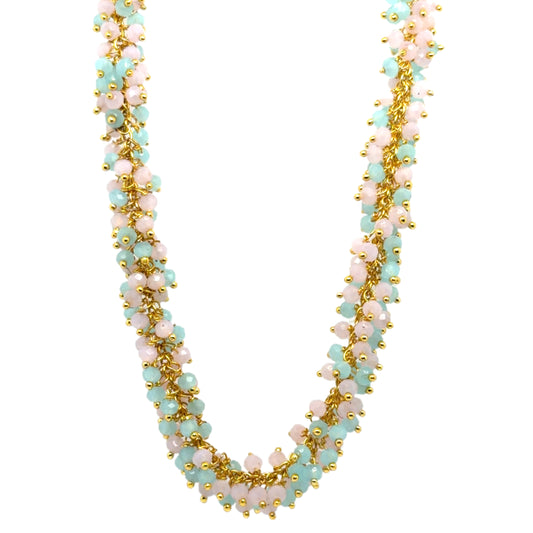 Gold necklace with cloudy blue Aqua Chalcedony and Rose Quartz gemstone beads arranged in dangling clusters