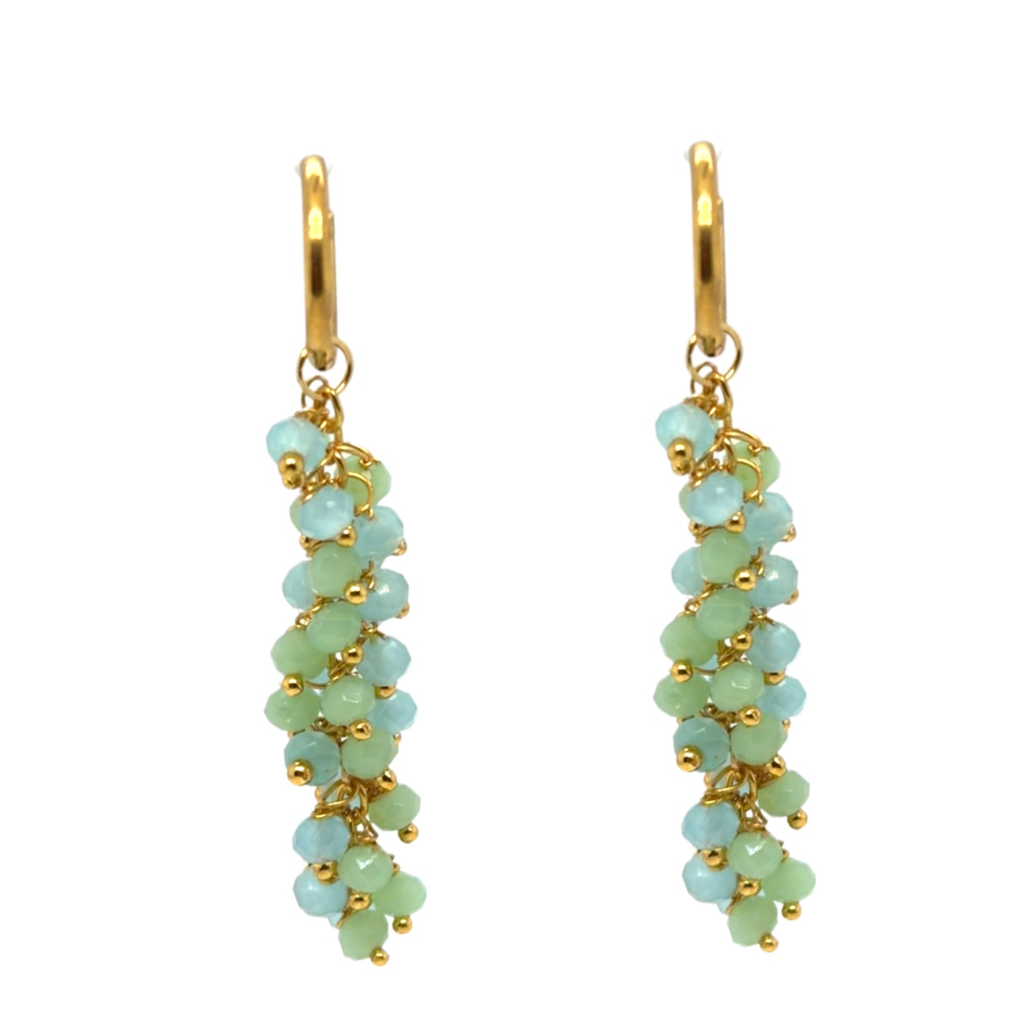 Delicate gold hoops with lovely cloudy blue Aqua Chalcedony and light green Prehnite gemstones arranged in dangling clusters