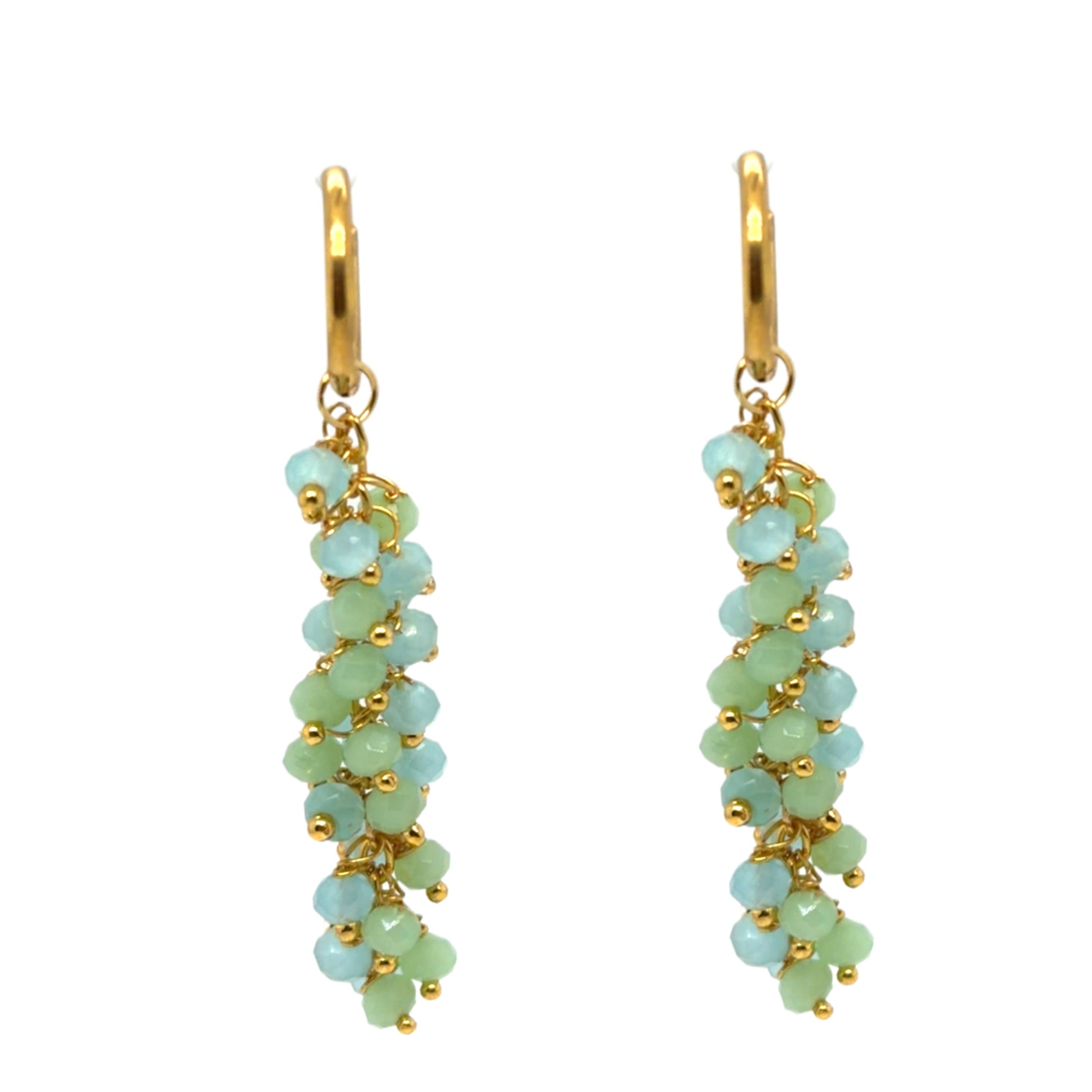 Delicate gold hoops with lovely cloudy blue Aqua Chalcedony and light green Prehnite gemstones arranged in dangling clusters