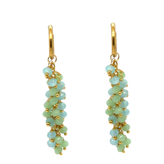 Delicate gold hoops with lovely cloudy blue Aqua Chalcedony and light green Prehnite gemstones arranged in dangling clusters