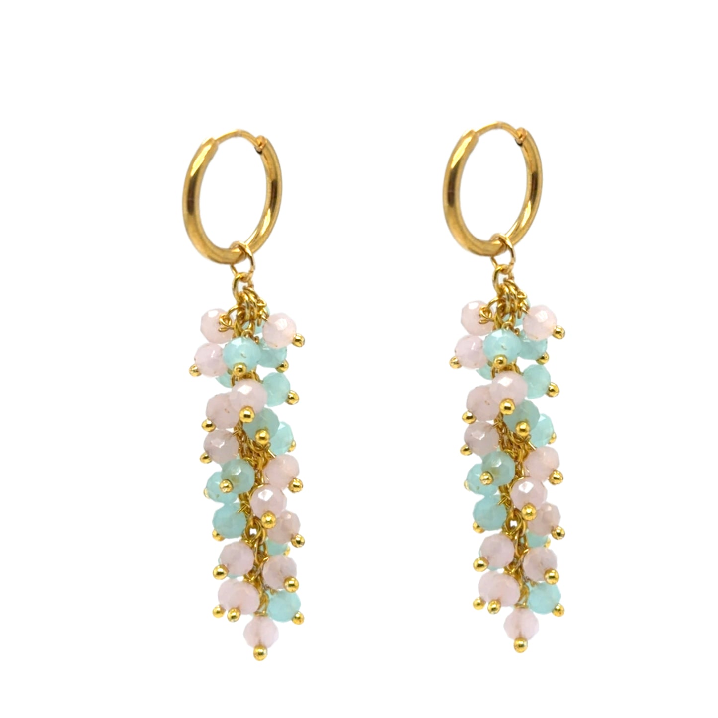 Gold hoop earrings with pink and blue beads on a white background