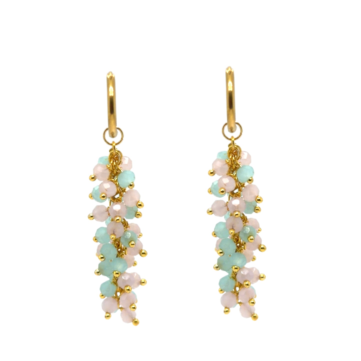 Delicate gold hoops with lovely cloudy blue Aqua Chalcedony and Rose Quartz gemstones arranged in dangling clusters