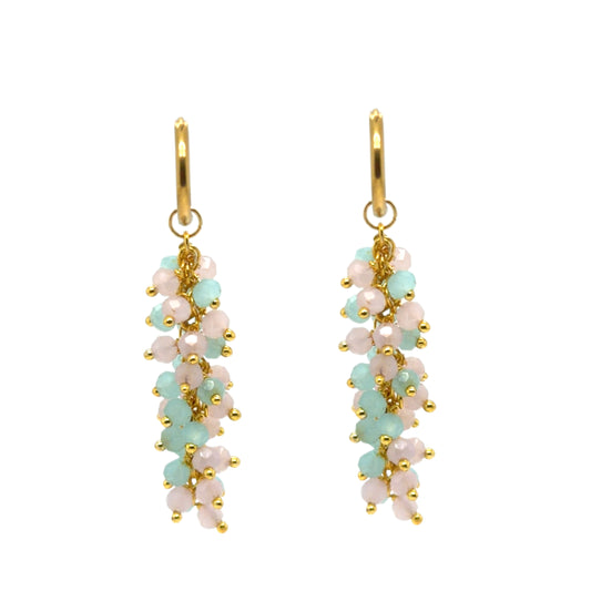 Delicate gold hoops with lovely cloudy blue Aqua Chalcedony and Rose Quartz gemstones arranged in dangling clusters