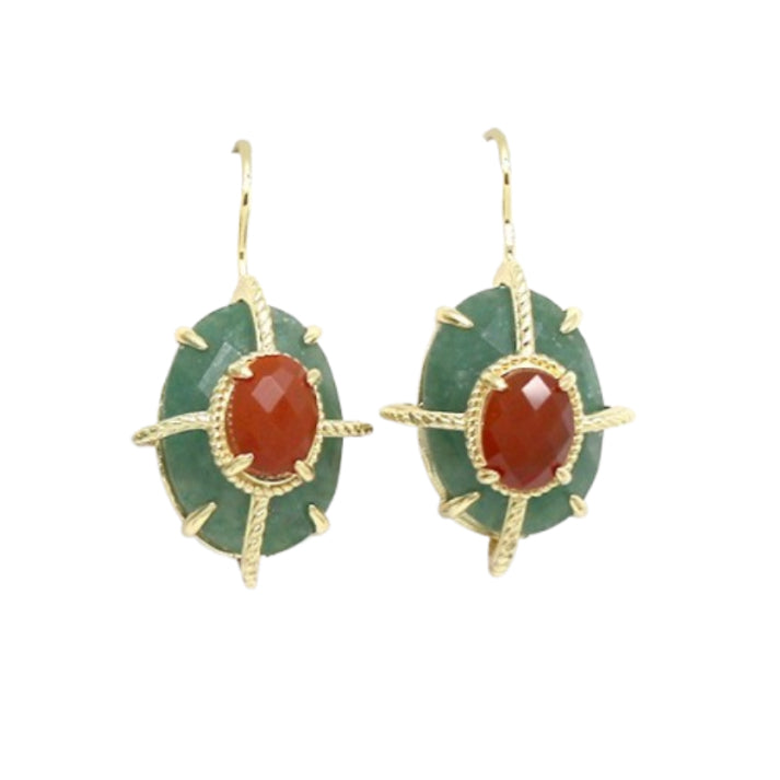Lovely hook earrings with big Aventurine and small Carnelian semi-precious gemstones