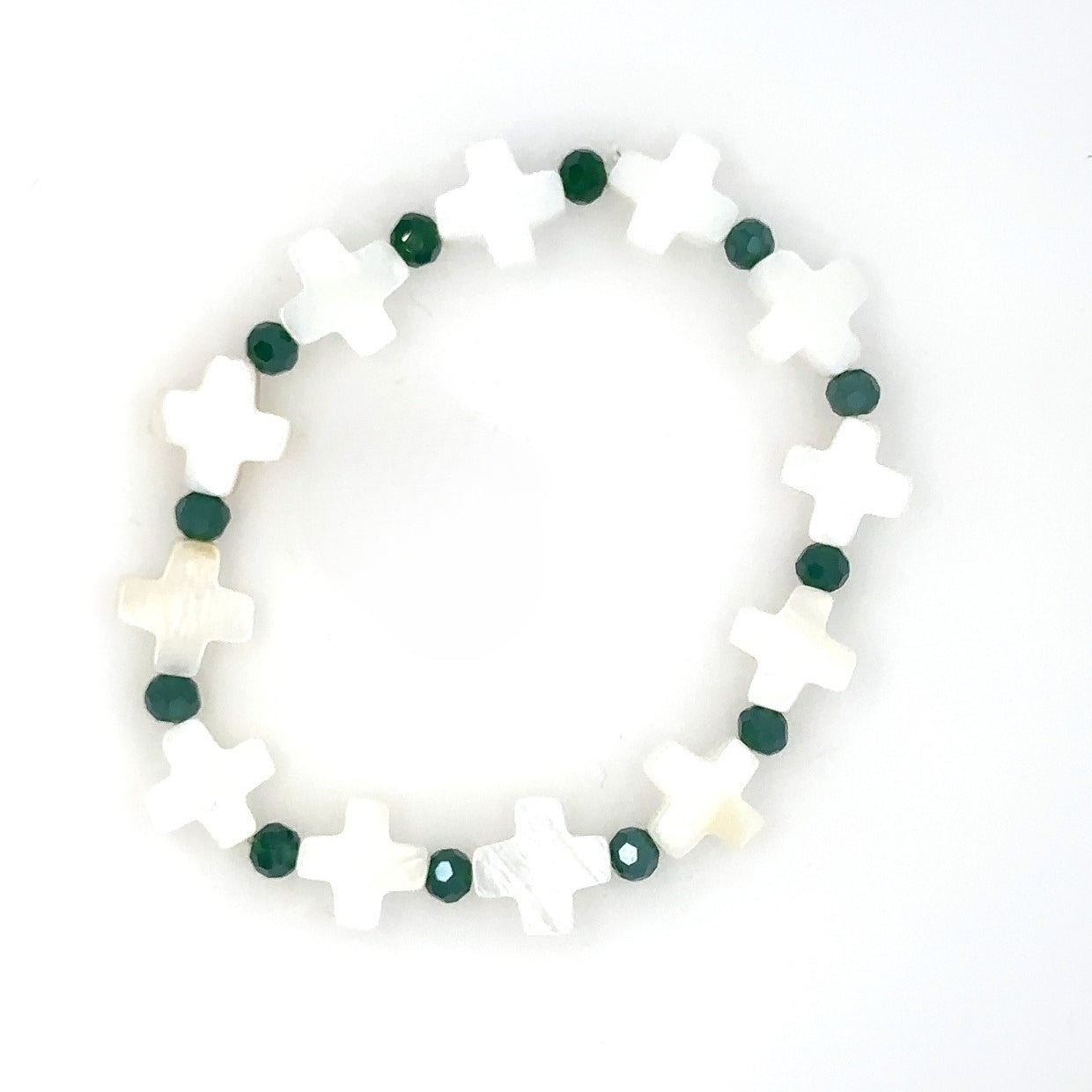 mother of pearl cross charm and green beaded bracelet