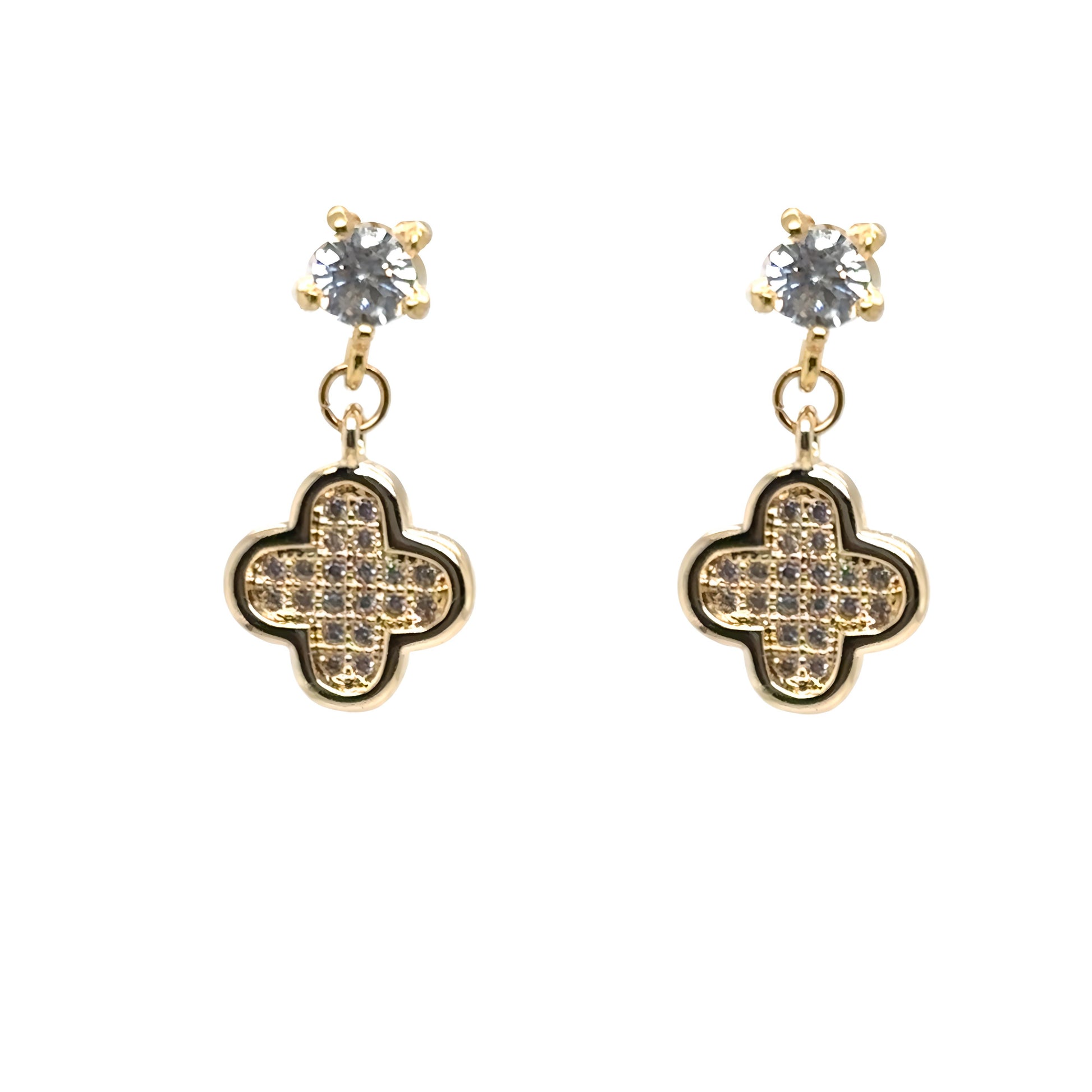 Crystal stud earrings with dangling gold and crystal clover charms