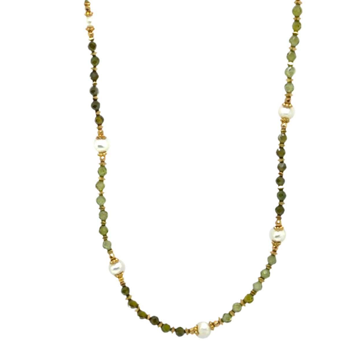 A beaded necklace featuring faceted olive green beads, small gold spacer beads, and white pearl accents, displayed against a solid white background.