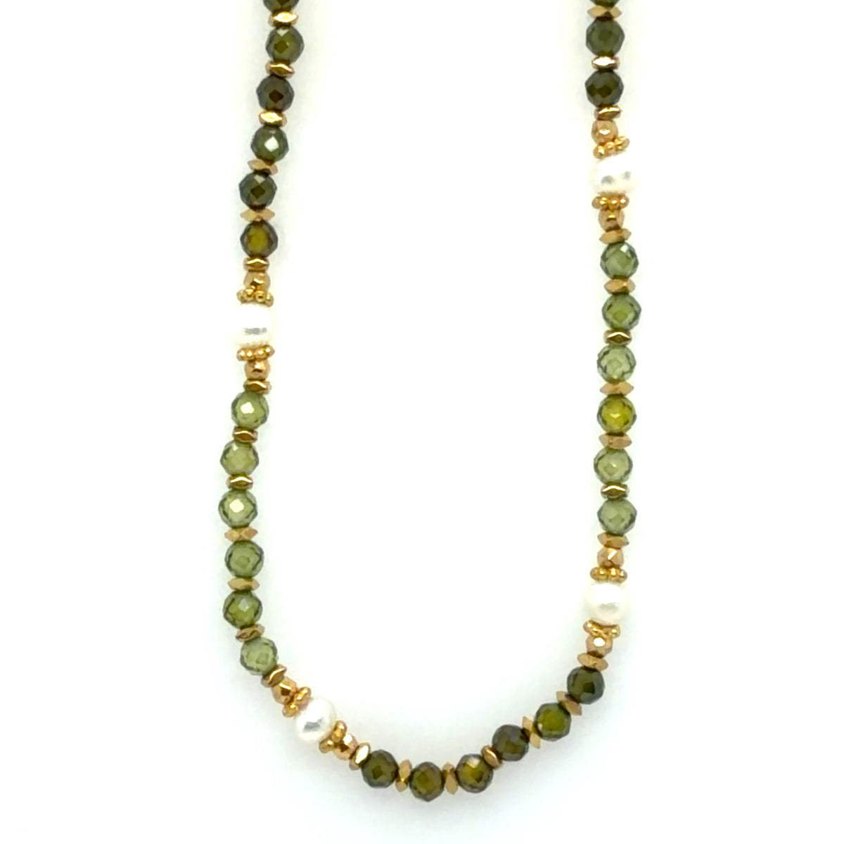 Necklace with tiny green crystals, freshwater pearls, and gold spacer beads