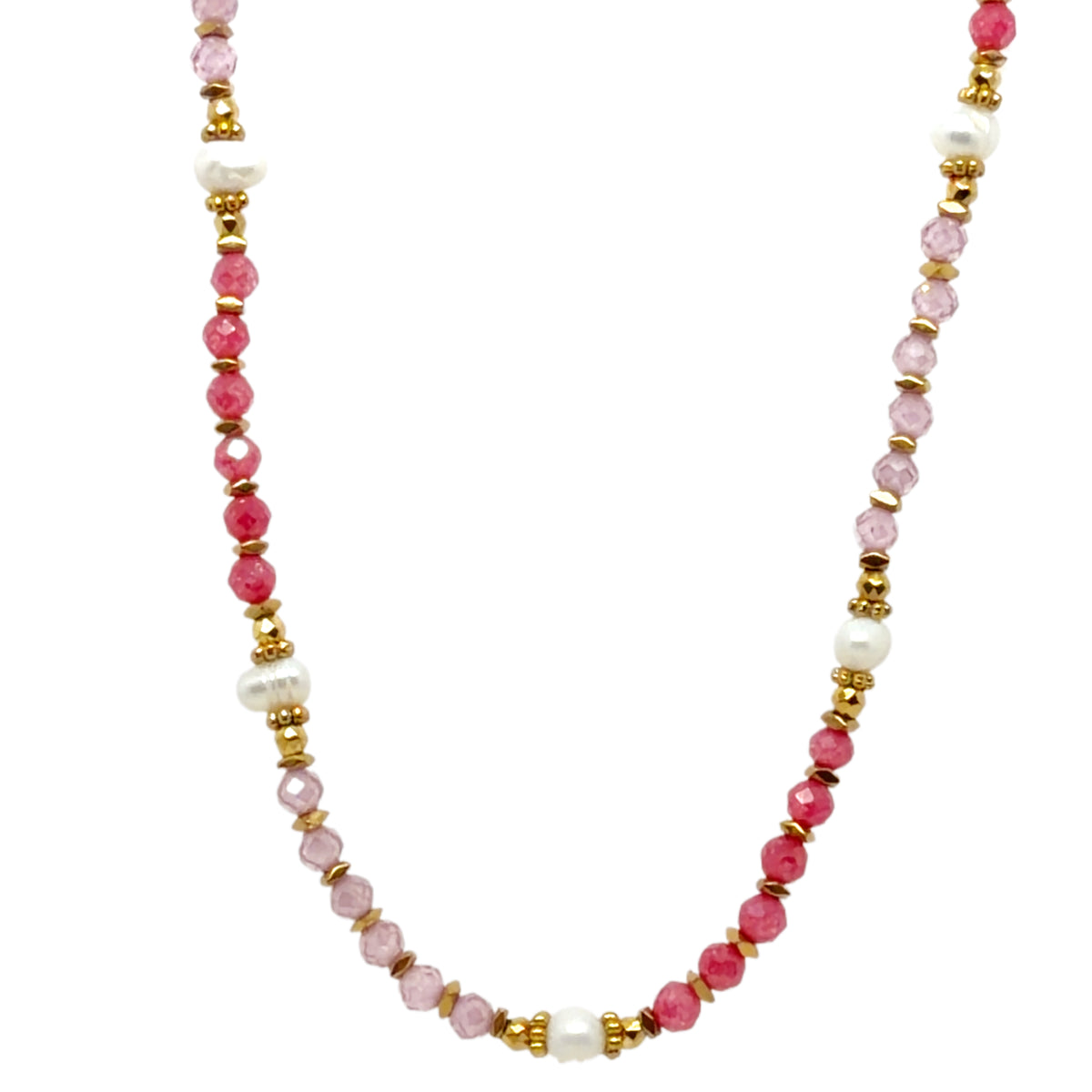 Necklace with tiny pink and fuschia crystals, freshwater pearls, and gold spacer beads