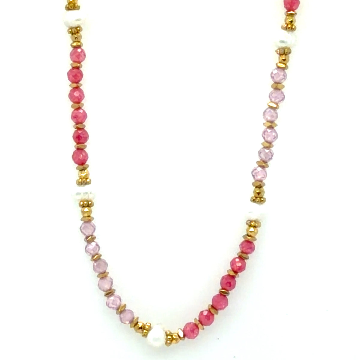 Necklace with pink/gold beads and freshwater pearls on white background