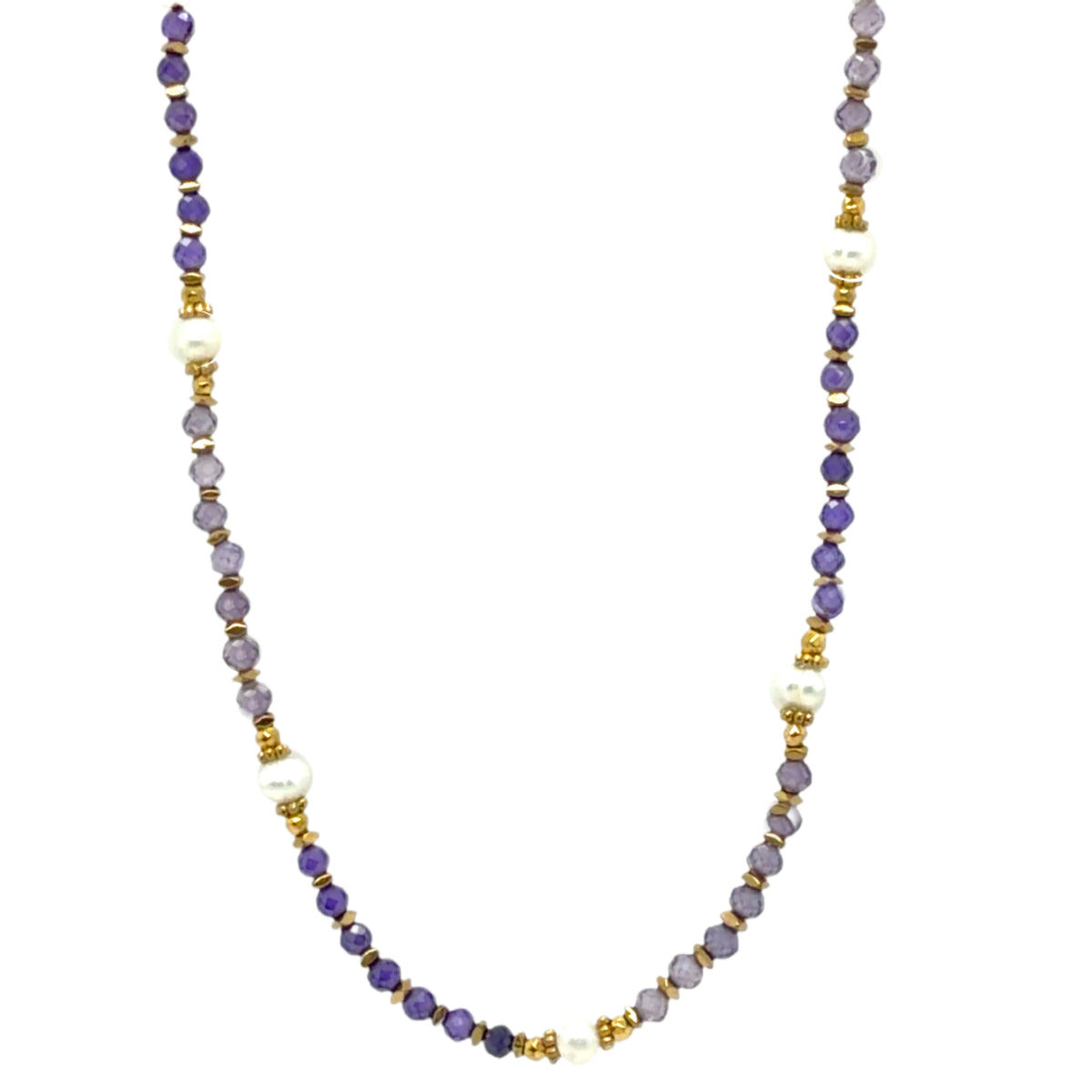 A beaded necklace featuring faceted purple and lavender beads, white pearl-like beads, and small gold spacer beads, shown against a plain white background.