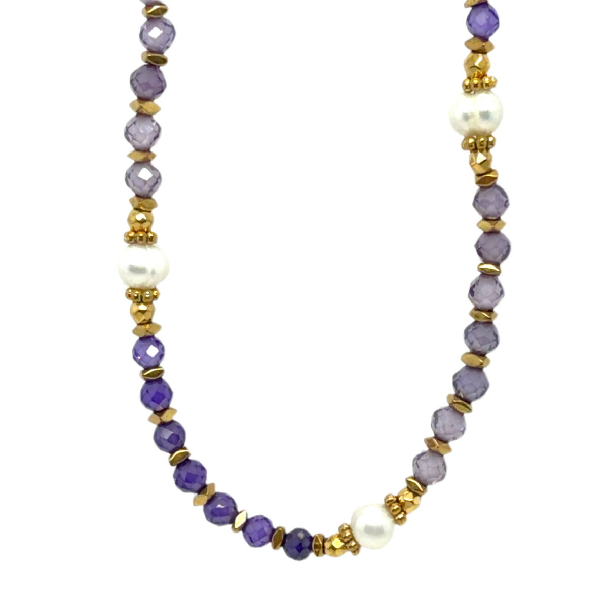 Necklace with tiny purple crystals, freshwater pearls, and gold spacer beads