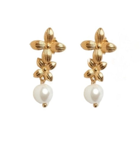 These lovely delicate earrings include two flowers and a dangling freshwater pearl