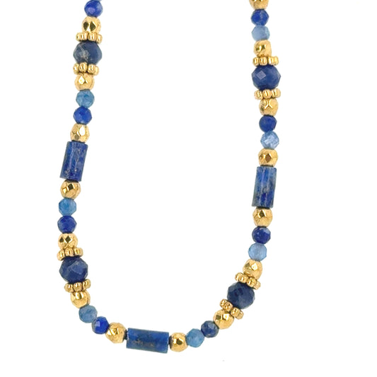 Necklace with small alternating different shaped dark blue and gold beads
