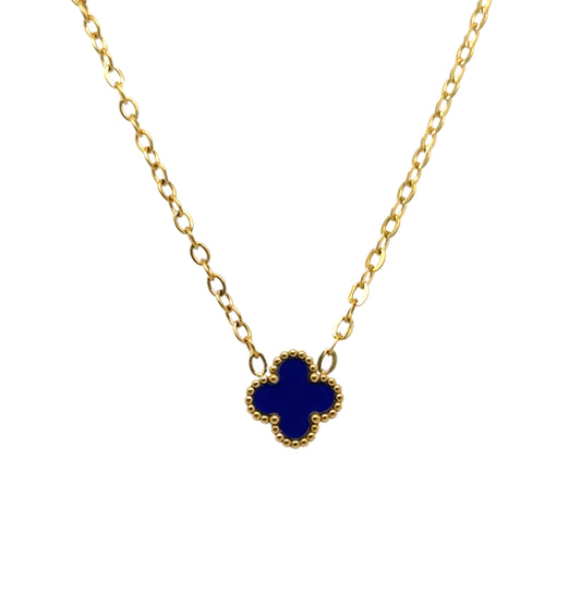 Delicate gold chain necklace with tiny 9mm dark blue clover charm in the middle