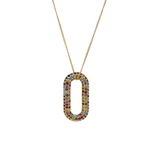 Thin delicate gold chain necklace with oval rainbow charm.&nbsp;