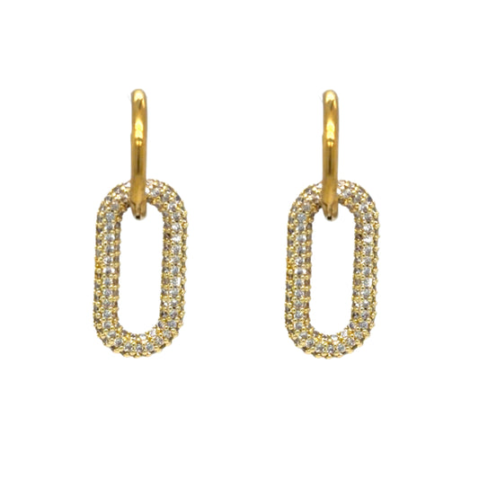 Delicate gold hoop earrings with diamond crystal oval-shaped charms