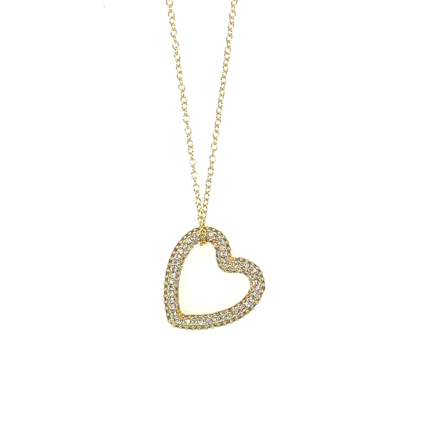 Delicate gold chain necklace with one large heart charm with sparkly zirconia white diamonds