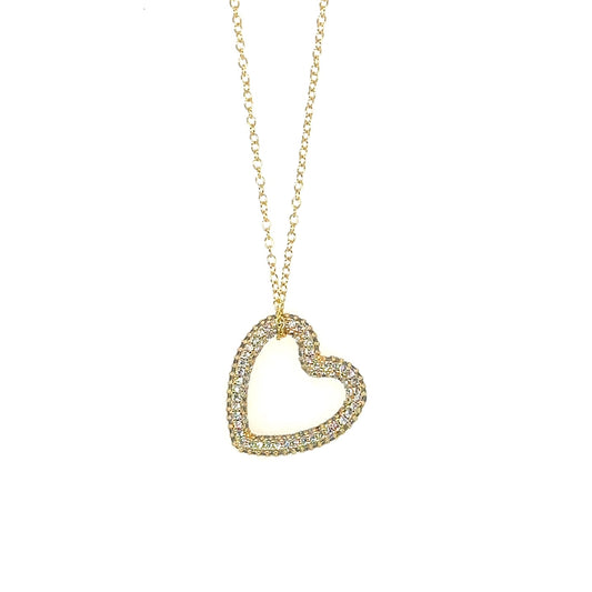 Delicate gold chain necklace with one large heart charm with sparkly zirconia white diamonds