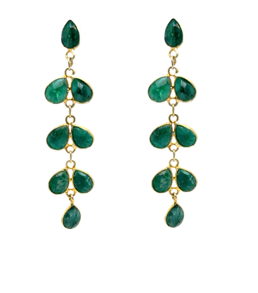 Lovely gold earrings with 8 small teardrop shaped Green Onyx gemstone charms