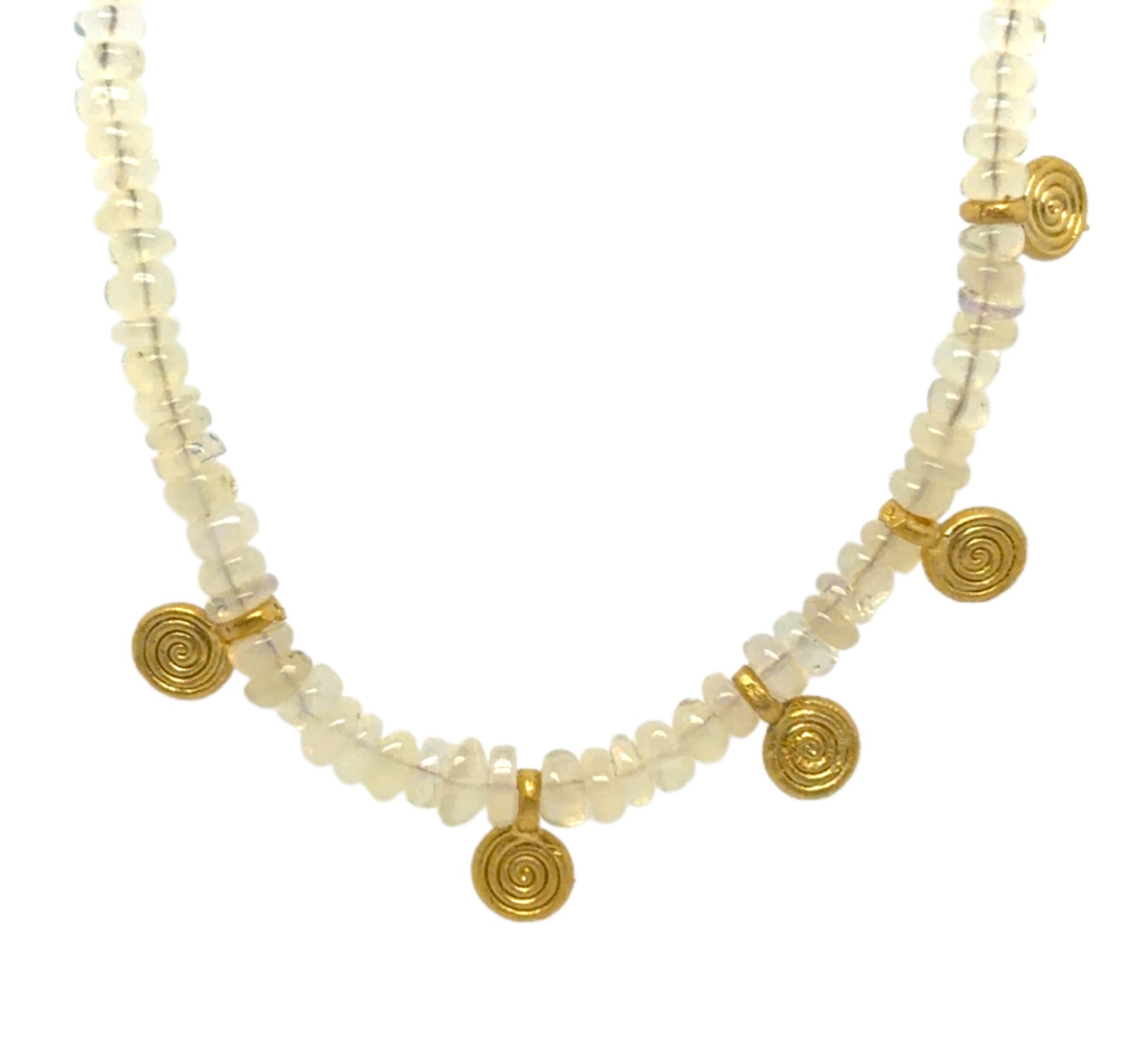  necklace with Ethiopian Opal gemstone rondelle and five matt gold swirl charms in the middle