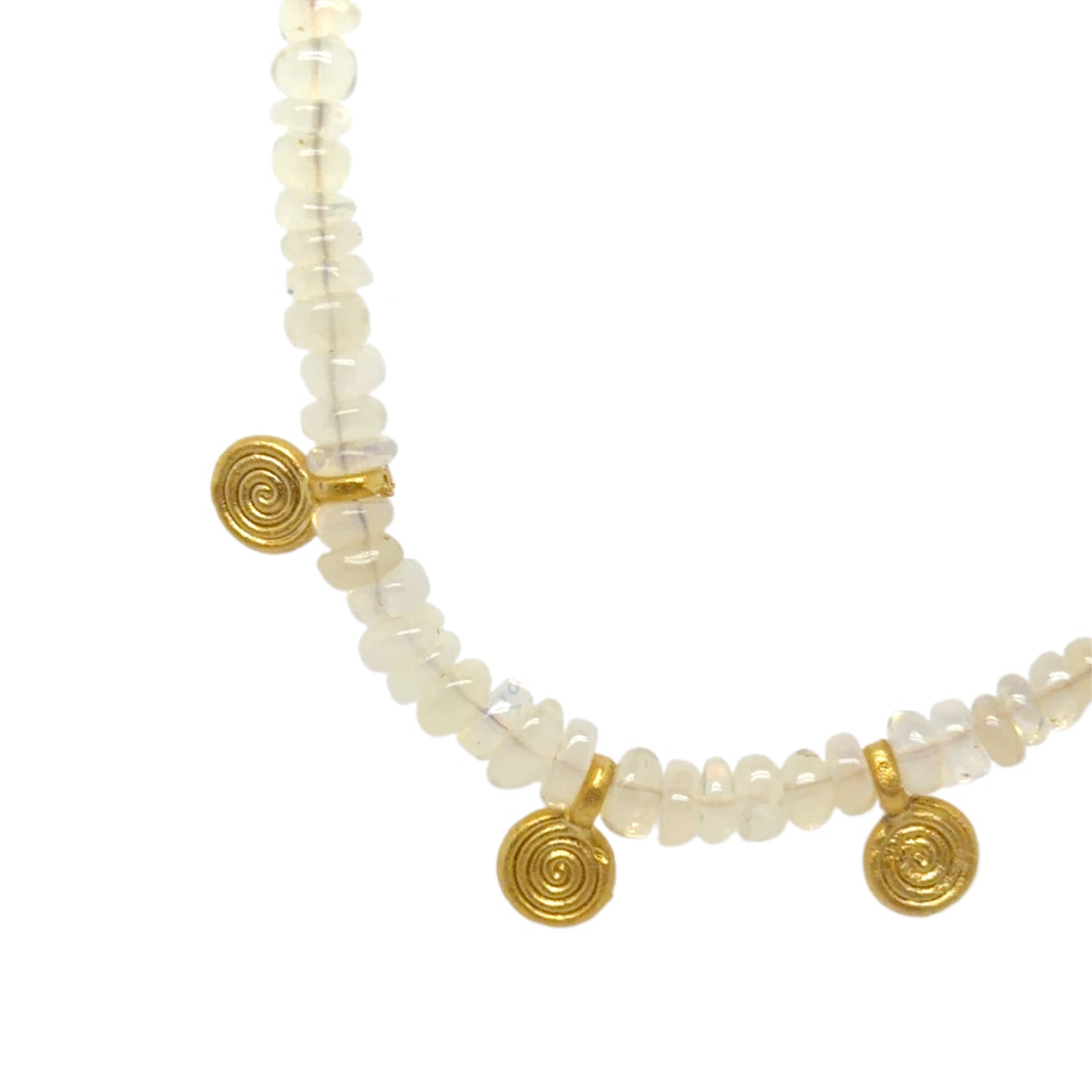 necklace with ethiopian opal beads and gold swirly discs