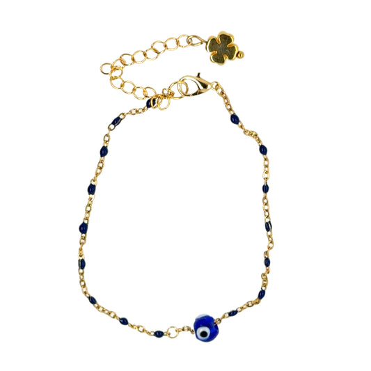 Gold Bracelet with evil eye glass bead and dark blue enamel rosary chain.