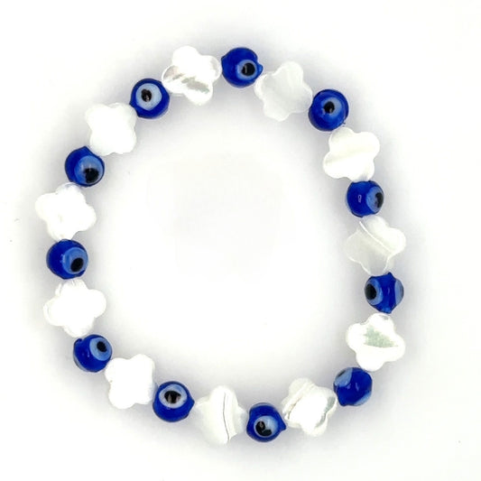 white mother of pearl and evil eye beaded bracelet