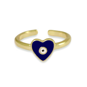 Gold adjustable ring with dark blue enamel evil eye shaped in heart