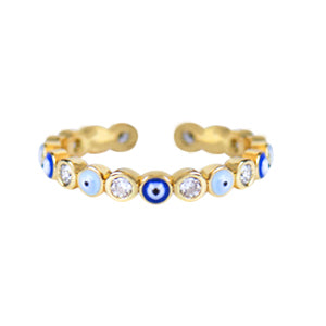 Gold adjustable ring with blue evil eyes and crystals all around.