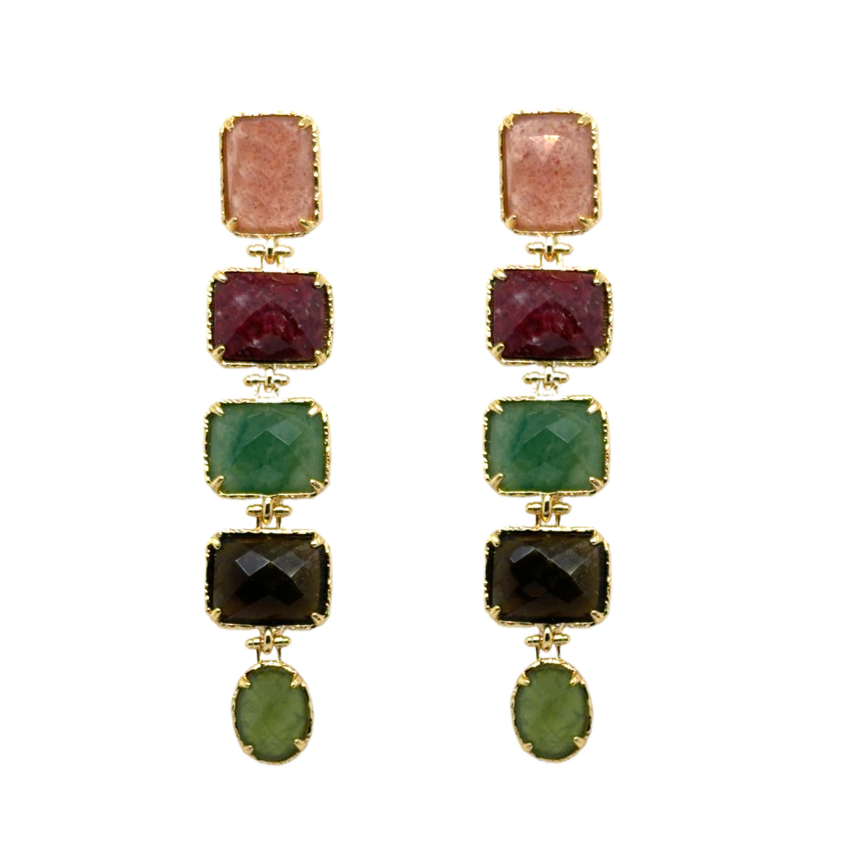 Gorgeous semi-precious gemstone stud earrings with dangling Rose Quartz, Zoisite, and Agate gemstones