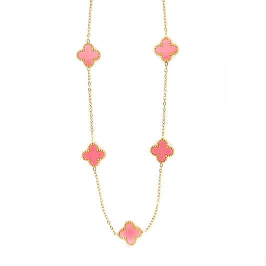 Necklace with five small pink clover charms