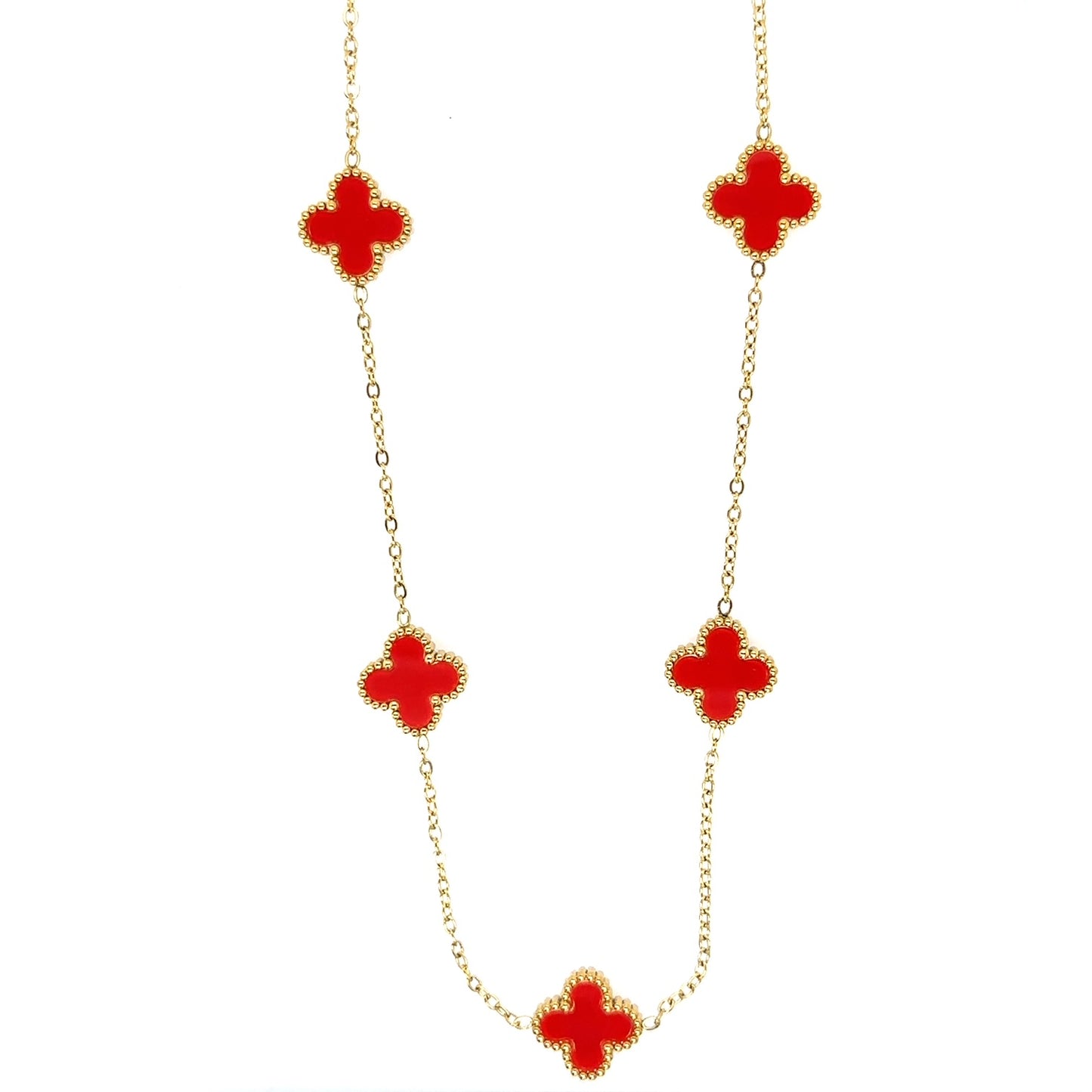 Gold chain necklace with five small red clover charms