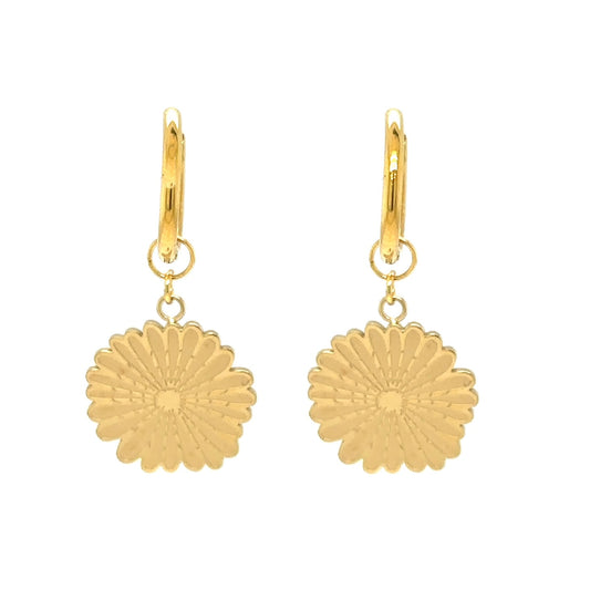 gold hoop earrings with gold flower charms