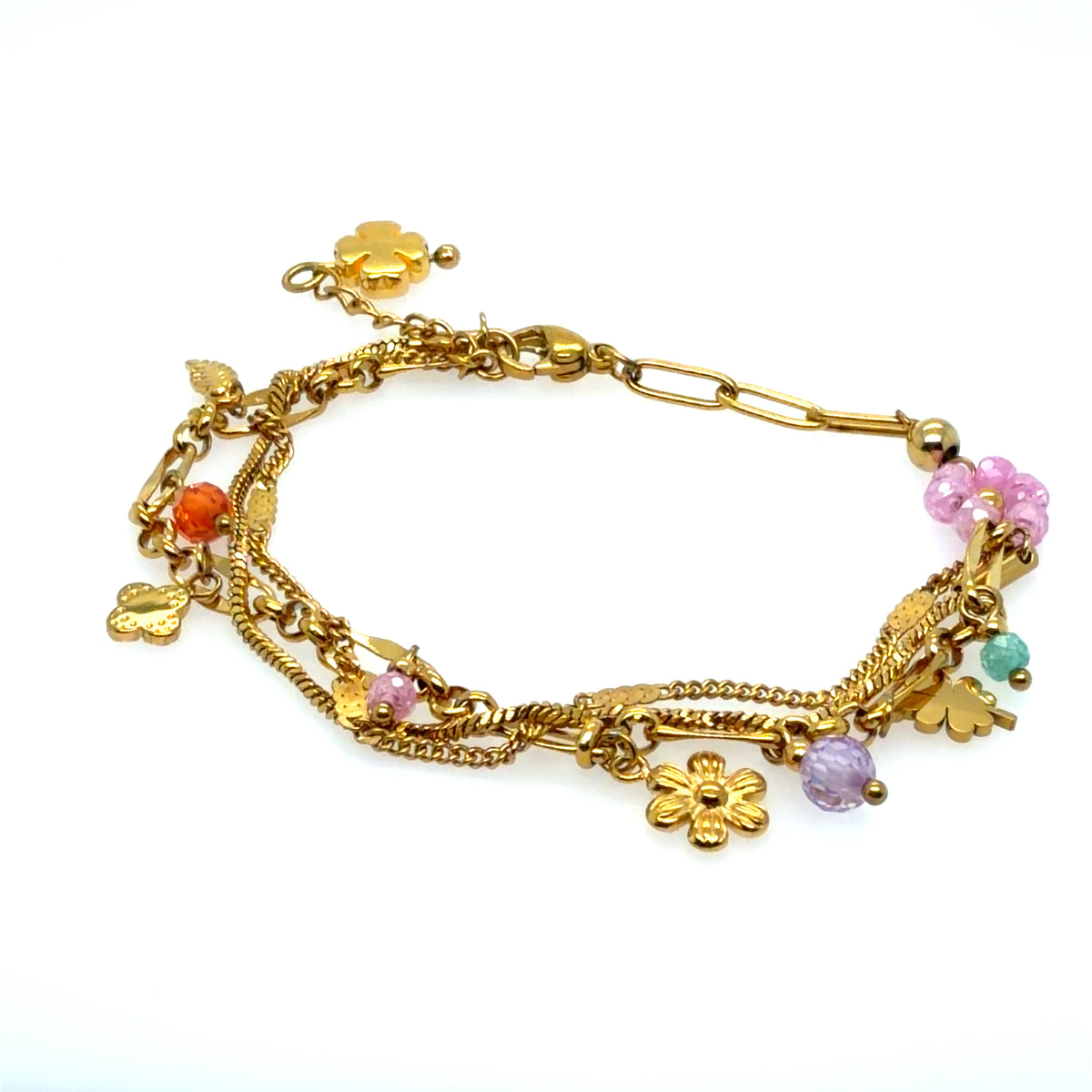 A gold-tone charm bracelet featuring multiple layered chains, small flower charms, leaf charms, and colorful faceted beads in pink, orange, purple, and green, displayed on a clean white background.