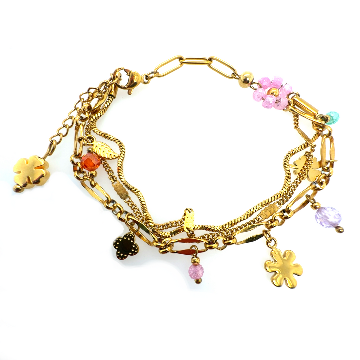 Bracelet with 3 strands including a paperclip chain with charms