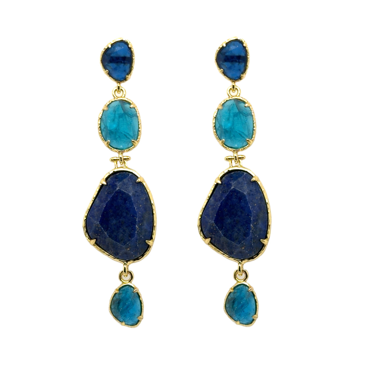 Gorgeous semi-precious gemstone stud earrings with dangling alternating Lapis Lazuli and Turquoise stones.