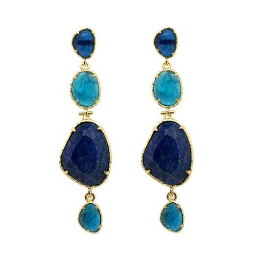 Gorgeous semi-precious gemstone stud earrings with dangling alternating Lapis Lazuli and Turquoise stones.