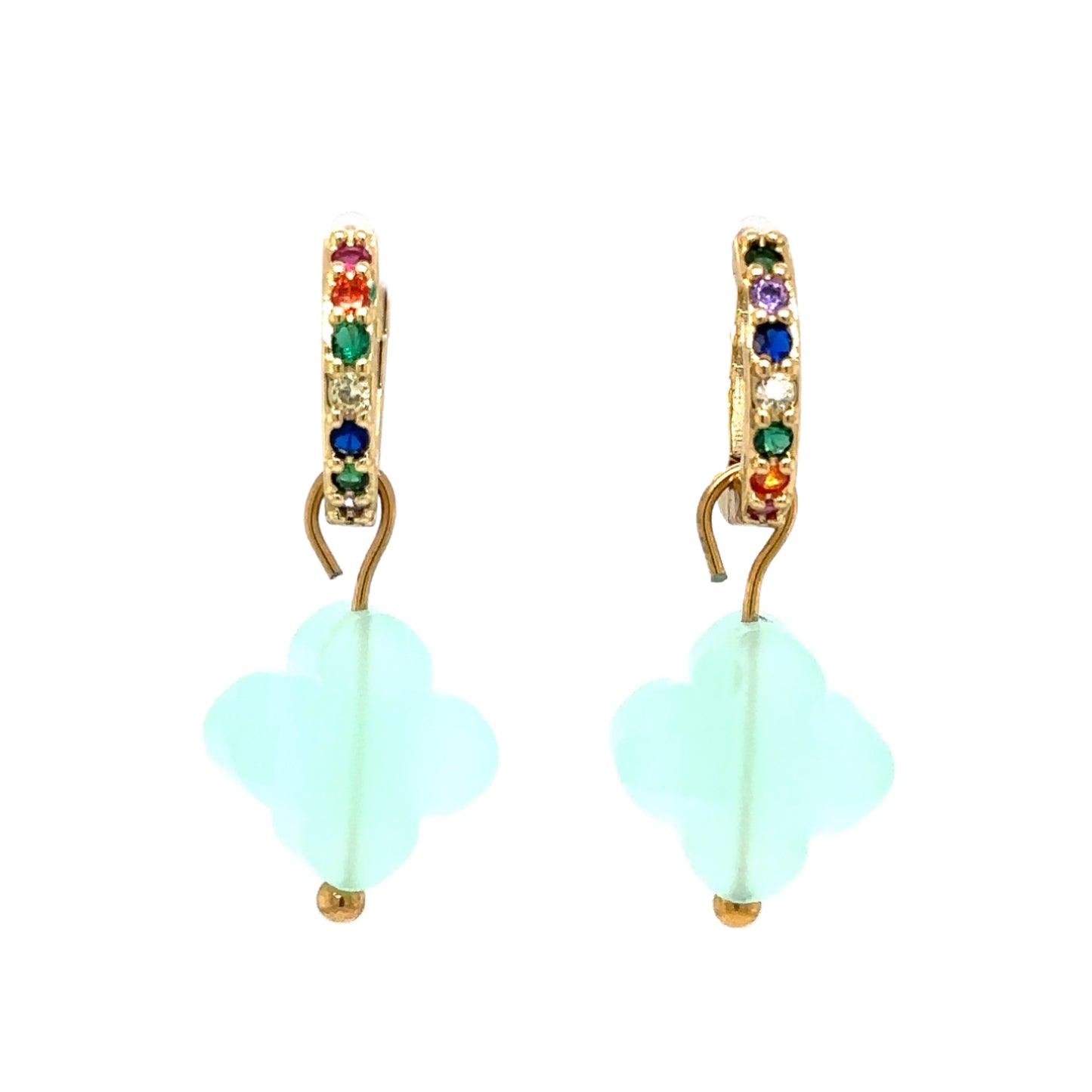 Huggie gold hoop earrings with rainbow zirconia stones and clover shaped charm in pastel green