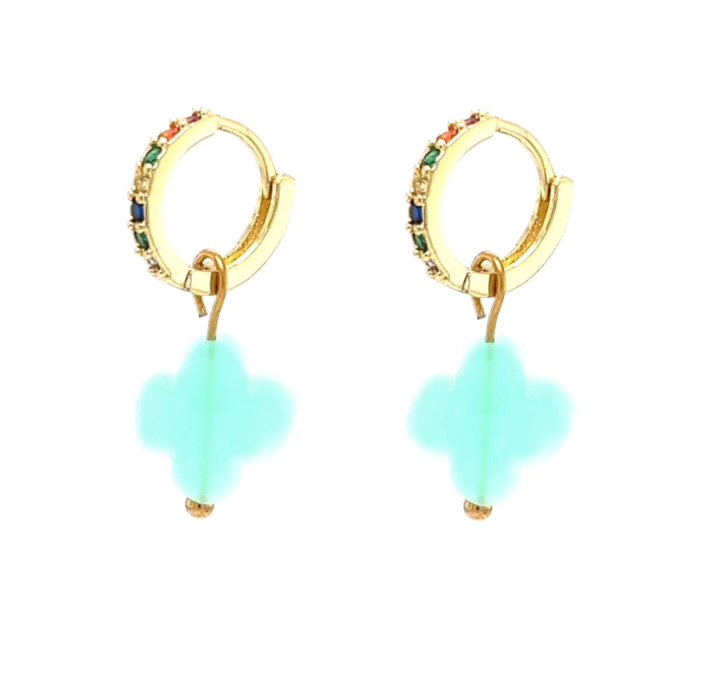 Huggie gold hoop earrings with rainbow zirconia stones and clover shaped charm in pastel green