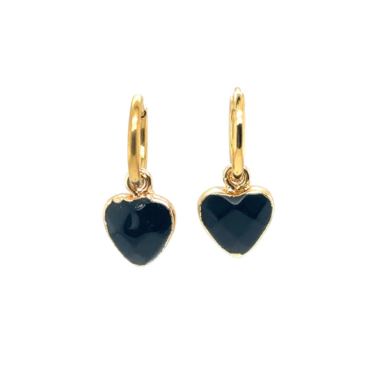 gold hoop earrings with black and gold heart charms