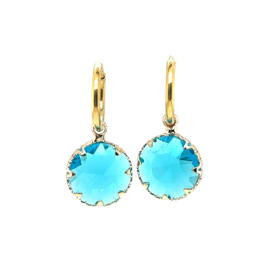 gold hoop earrings with round crystal glass charm in turquoise blue