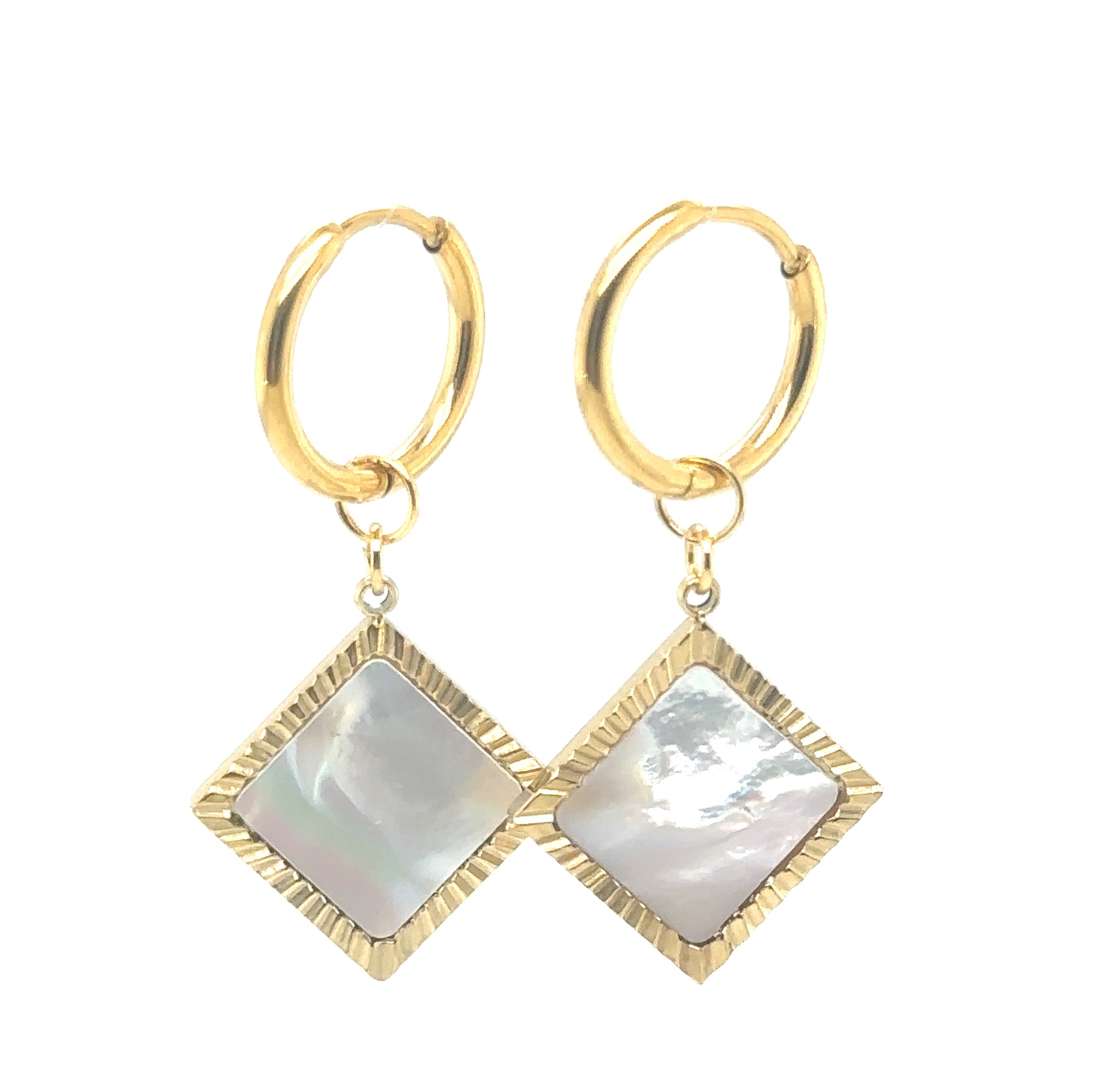 gold hoop earrings with one diamond shaped Mother of Pearl white shell and gold charm