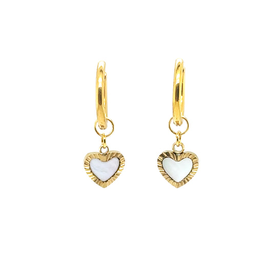 gold hoop earrngs with mother of pearl gold heart charms