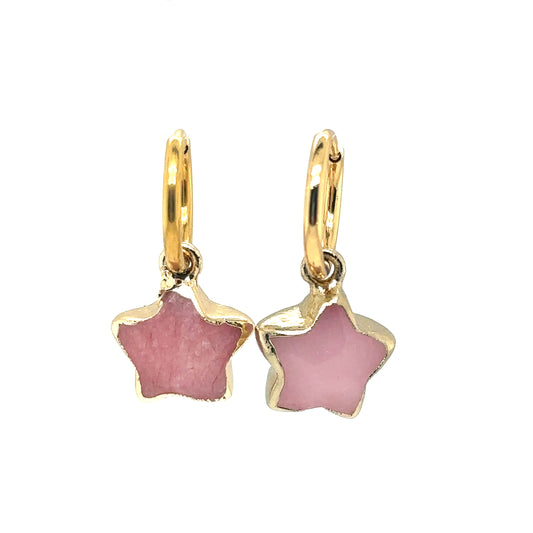 gold hoop earrings with pink stone star charms coated in gold.