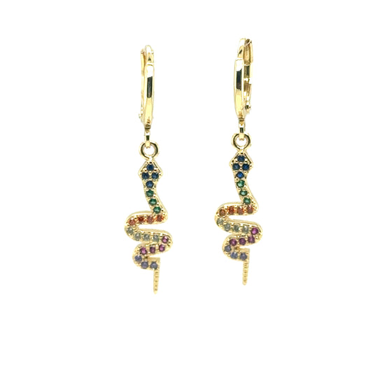 gold hoop earrings with snake shaped zirconia sparkly charms