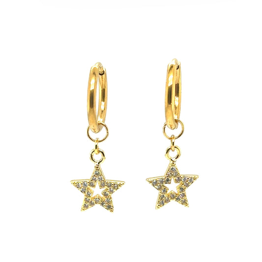 gold hoop earrings with small star shaped zirconia sparkly charms