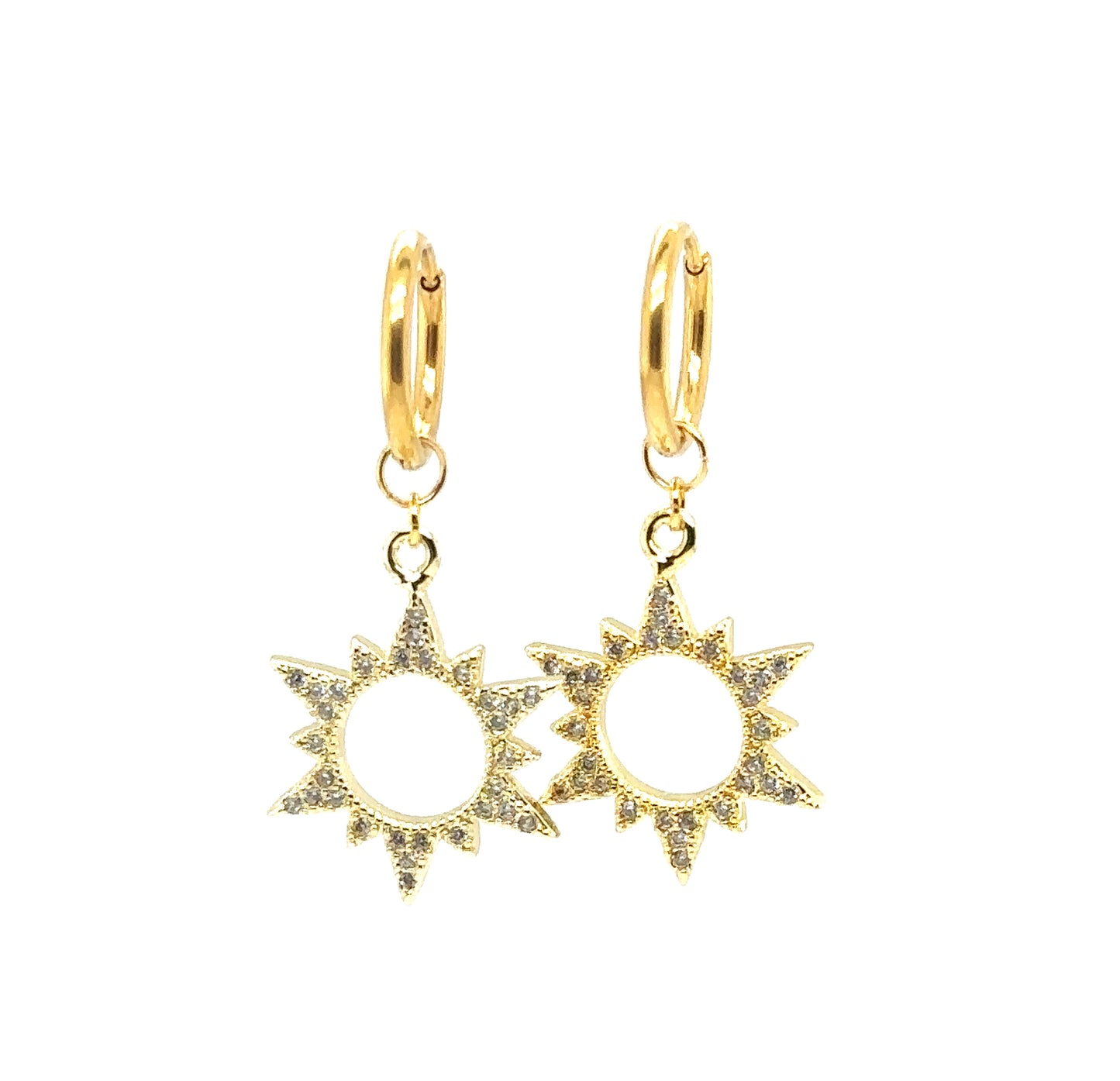 gold hoop earrings with sun shaped zirconia sparkly charms